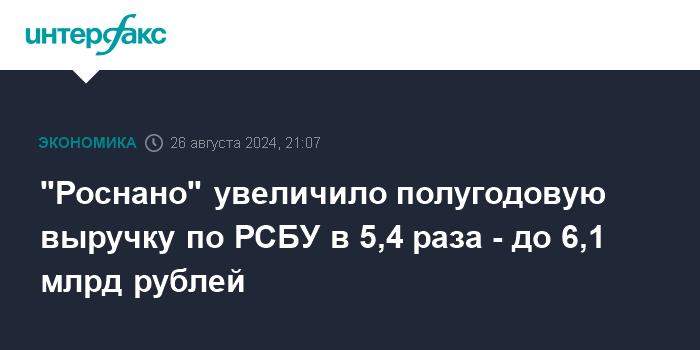 "Rusnano" increased its half-year revenue under RAS by 5.4 times – to 6.1 billion rubles